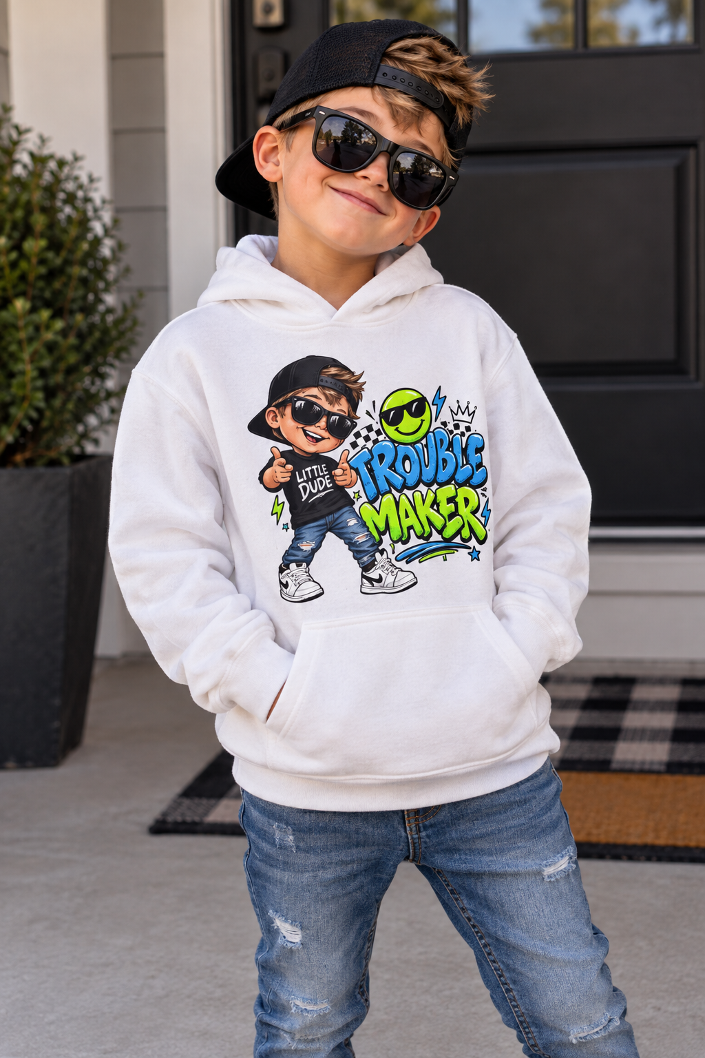 Youth Hoodie - "Trouble Maker" Cartoon Kid Graphic Pullover