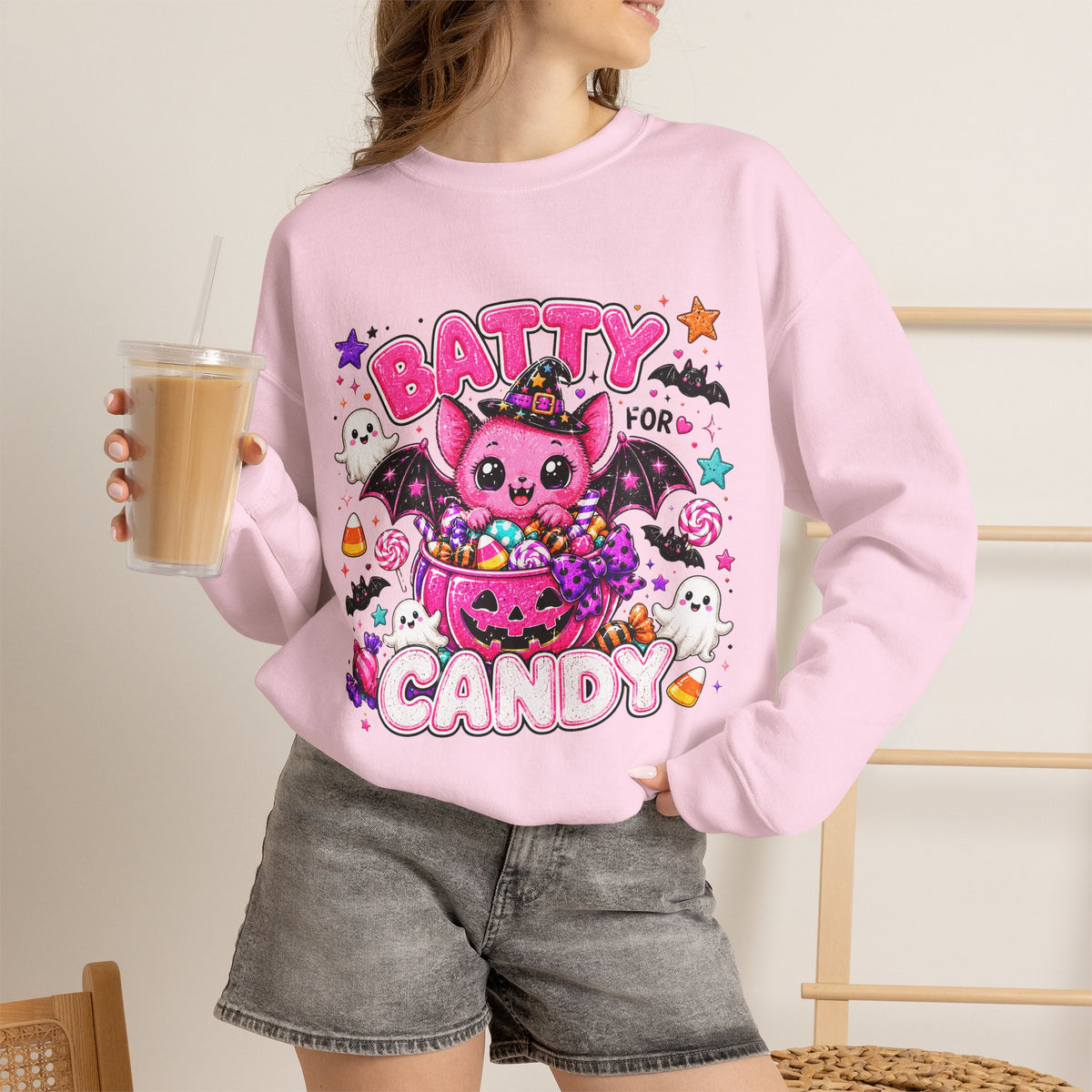 Batty for Candy Sweatshirt โ Cute Pink Halloween Bat Crewneck