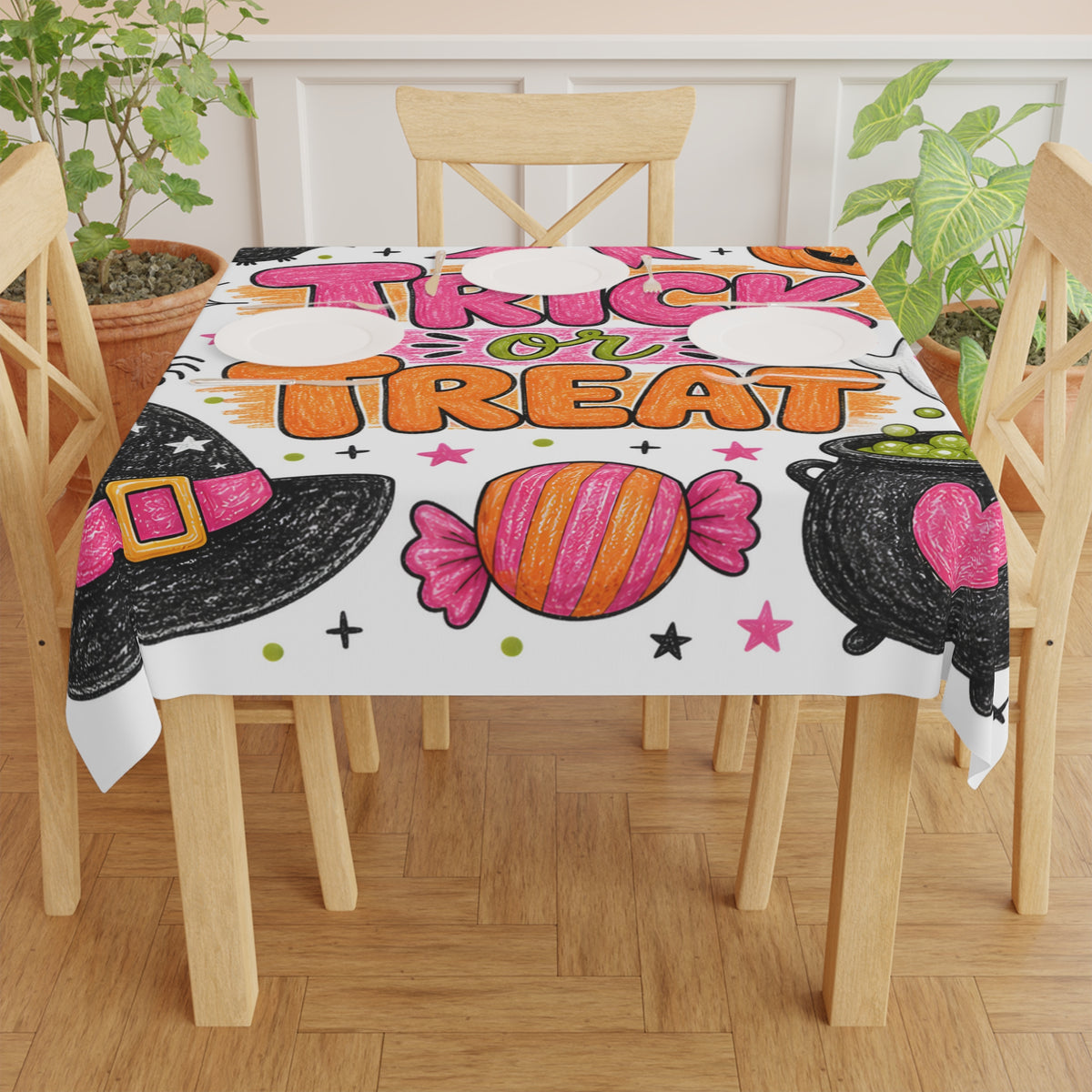 Halloween 'Trick or Treat' Tablecloth — Cute Pink Candy Ghost Pumpkin Design