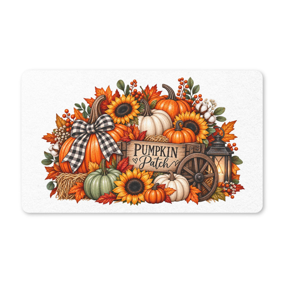 Pumpkin Patch Fall Doormat — Autumn Welcome Mat with Pumpkins, Sunflowers & Wagon