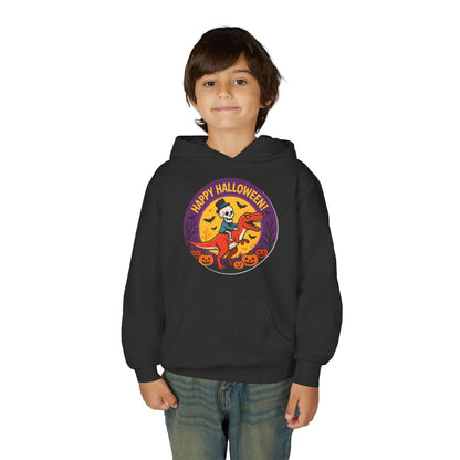 Youth Halloween Hoodie — 'Happy Halloween' Skeleton Riding Dinosaur Kids Sweatshirt