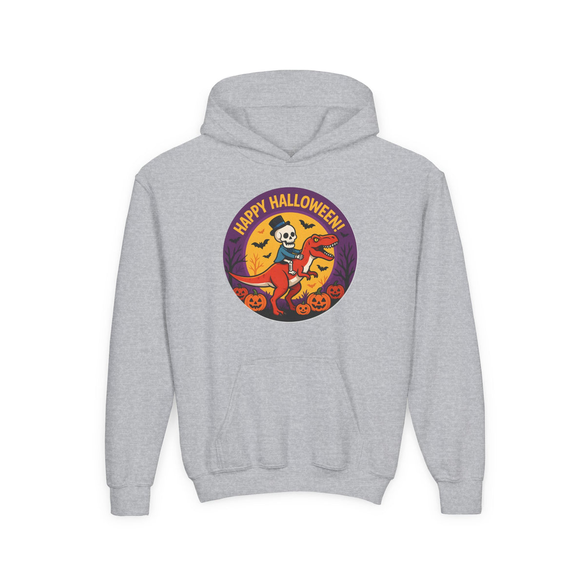 Youth Halloween Hoodie — 'Happy Halloween' Skeleton Riding Dinosaur Kids Sweatshirt