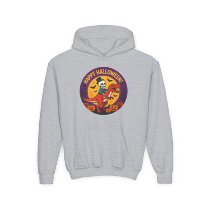 Youth Halloween Hoodie — 'Happy Halloween' Skeleton Riding Dinosaur Kids Sweatshirt