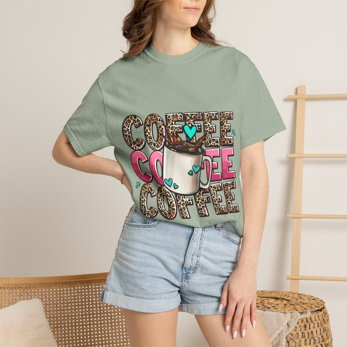 Coffee Lover T-Shirt — Leopard Print & Pink Heart Coffee Mug Design
