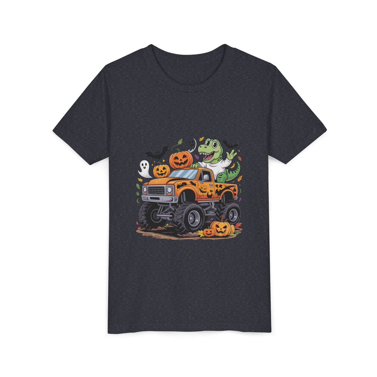 Kids Halloween Monster Truck Tee - Cute Pumpkin, Ghost & Dinosaur Truck Design