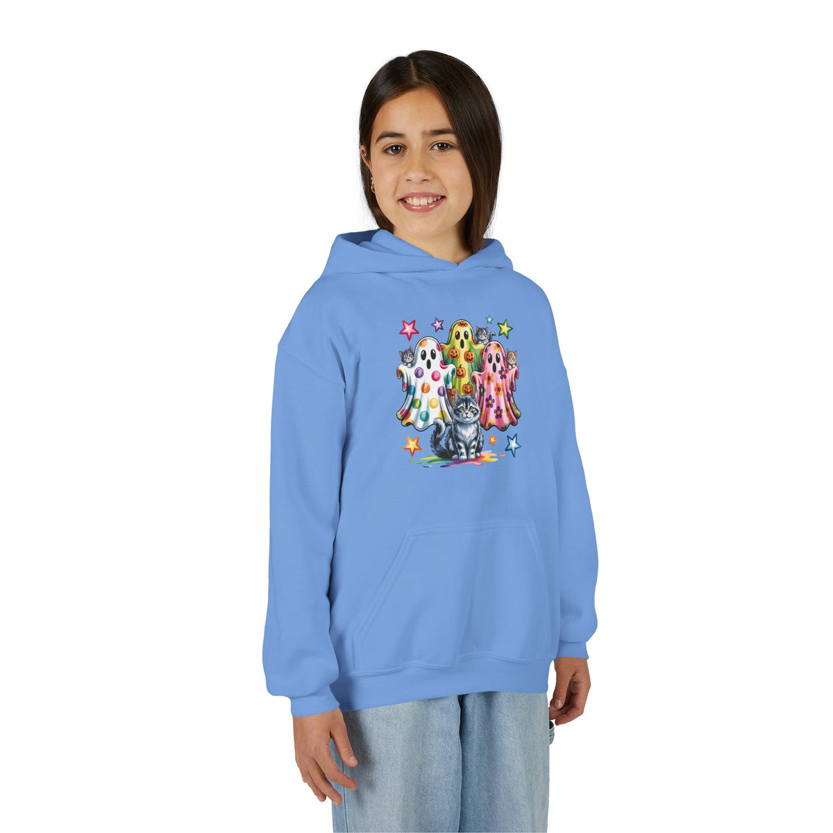 Youth Hoodie — Colorful Polka Dot Ghosts & Cat Halloween Sweatshirt
