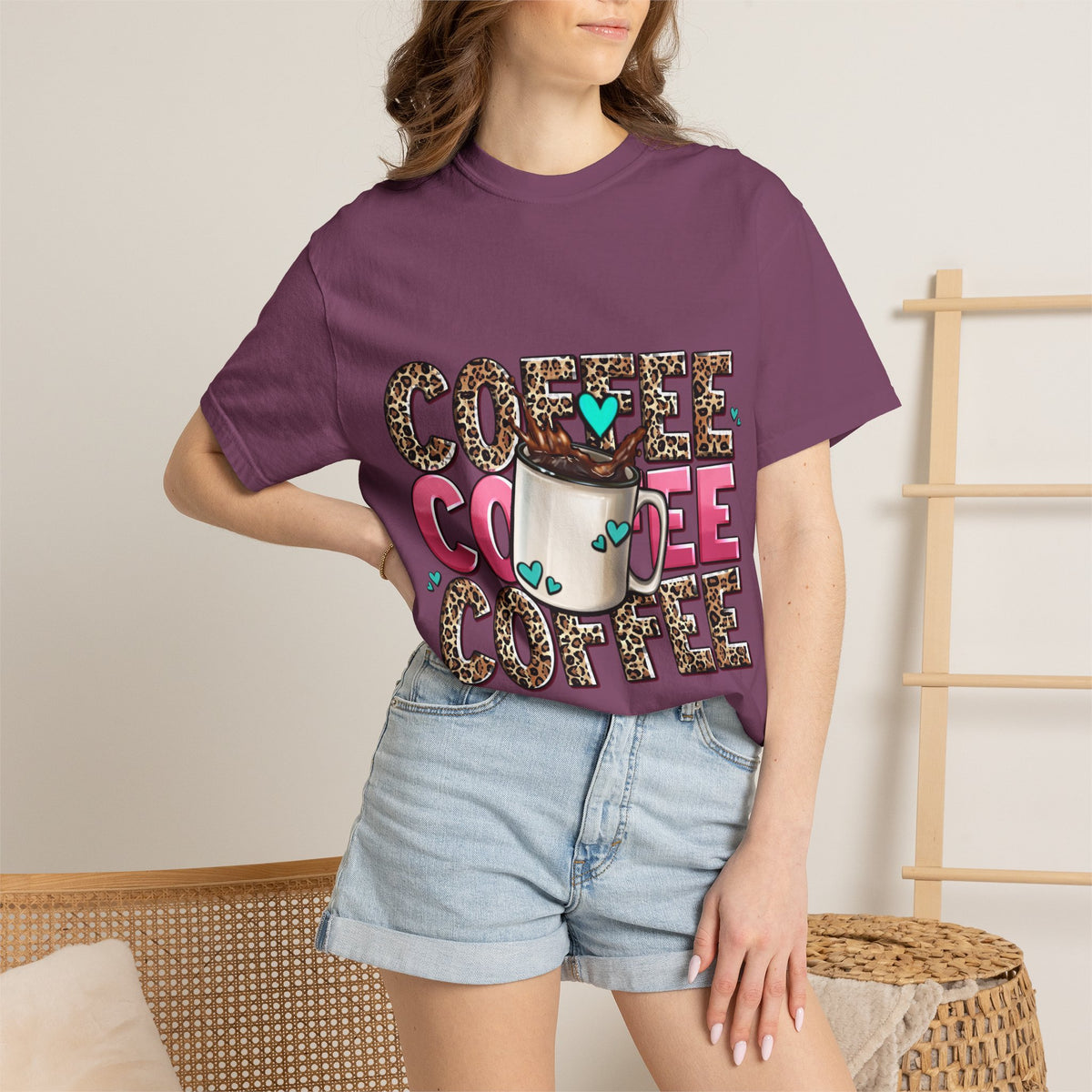 Coffee Lover T-Shirt — Leopard Print & Pink Heart Coffee Mug Design