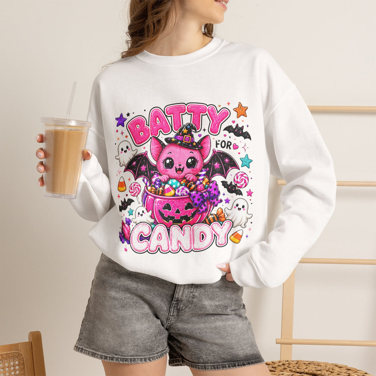 Batty for Candy Sweatshirt — Cute Pink Halloween Bat Crewneck