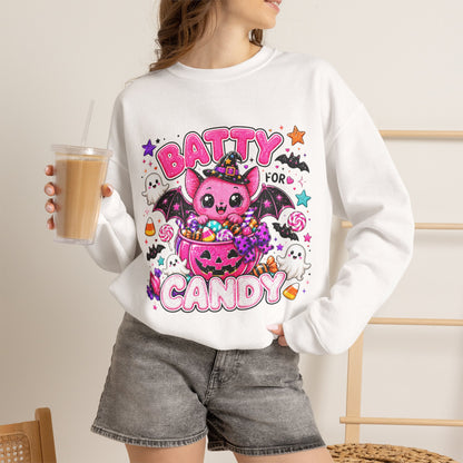 Batty for Candy Sweatshirt — Cute Pink Halloween Bat Crewneck