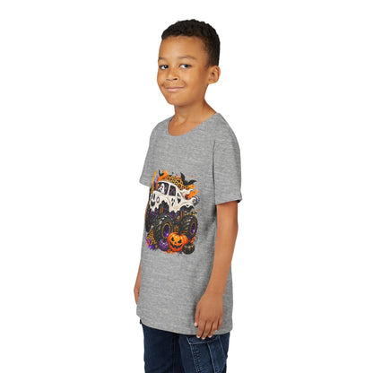 Kids Halloween Monster Truck Tee — Spooky Skull Van with Pumpkin Graphic