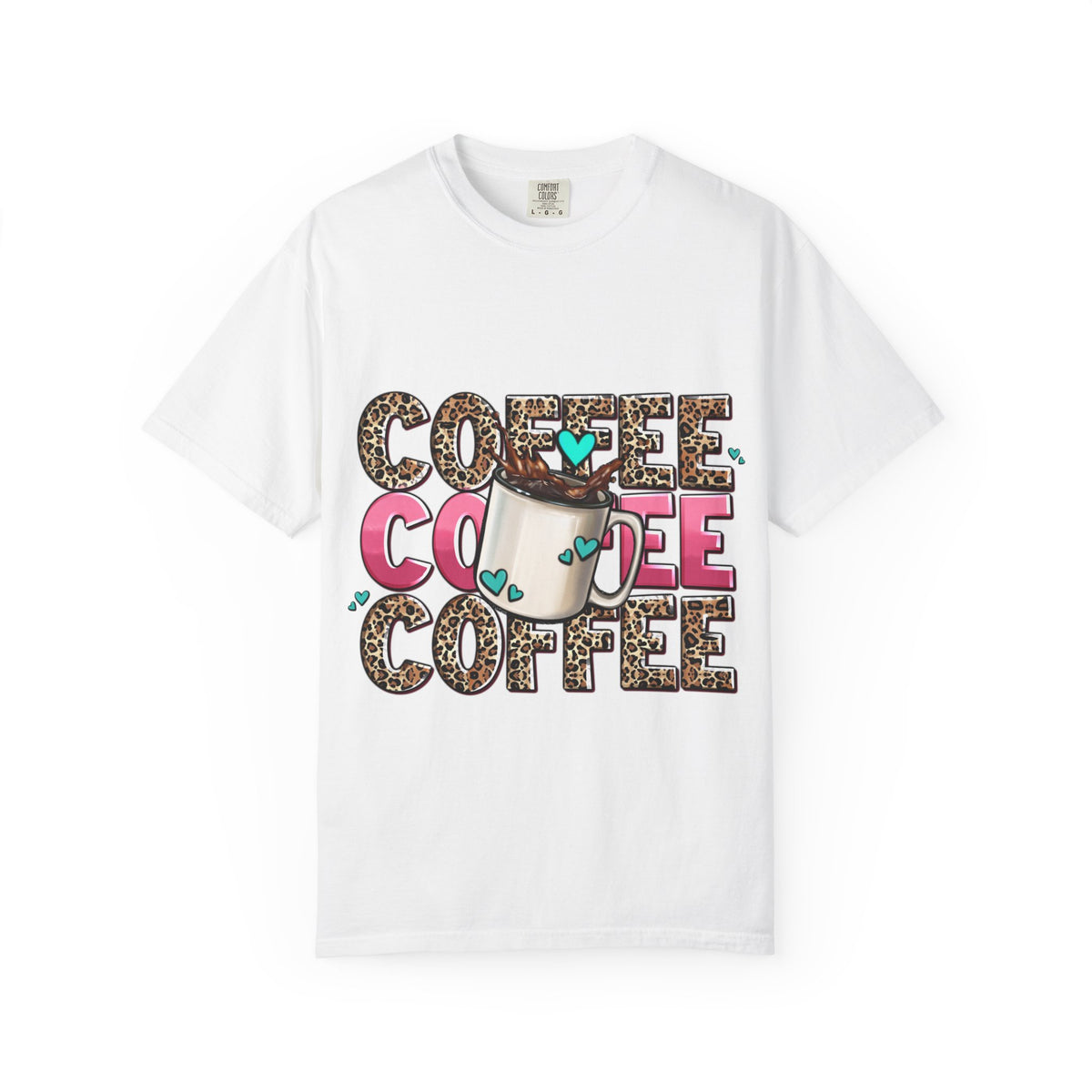 Coffee Lover T-Shirt — Leopard Print & Pink Heart Coffee Mug Design