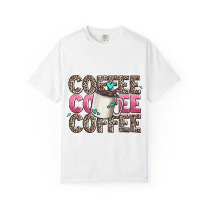 Coffee Lover T-Shirt — Leopard Print & Pink Heart Coffee Mug Design