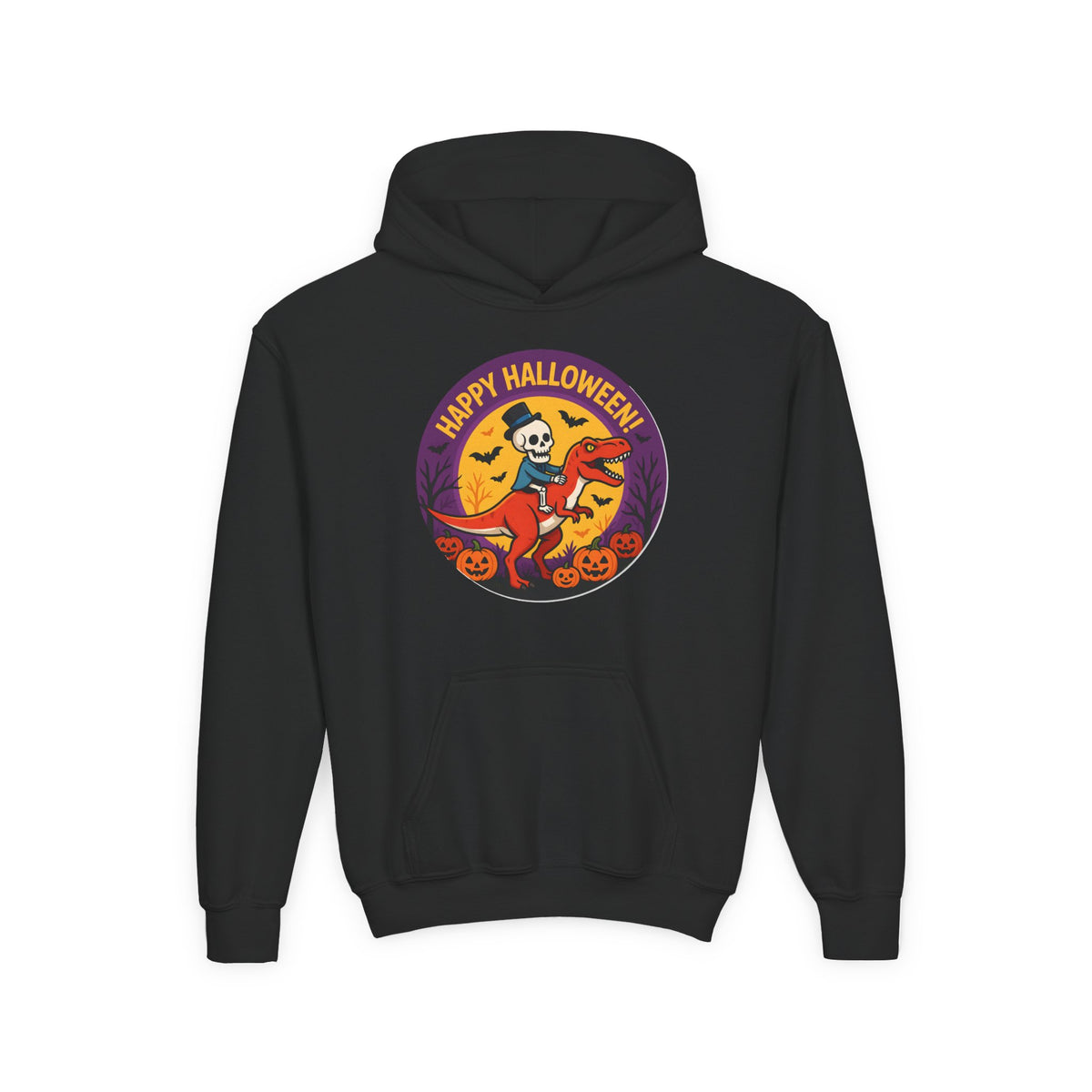 Youth Halloween Hoodie — 'Happy Halloween' Skeleton Riding Dinosaur Kids Sweatshirt