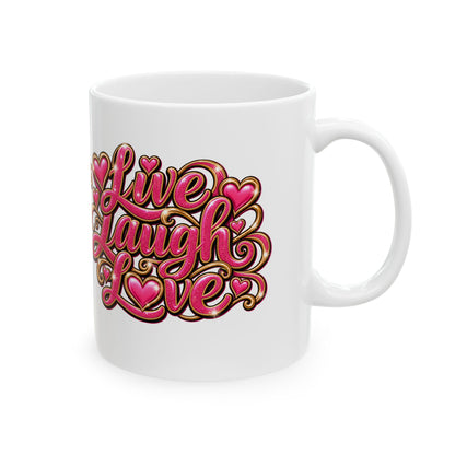 Love Laugh Live Ceramic Mug — Pink Heart Script (11oz & 15oz)