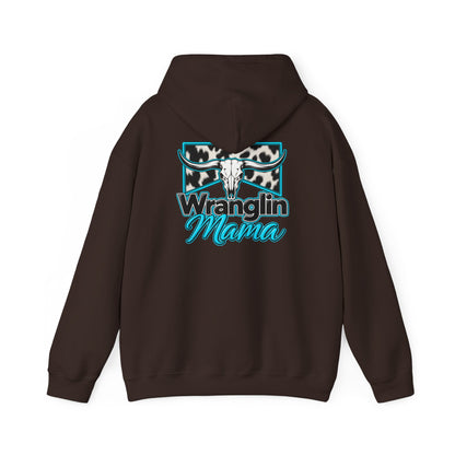 Wranglin Mama Hoodie - Western Cow Skull & Leopard Print Pullover for Cowgirl Moms