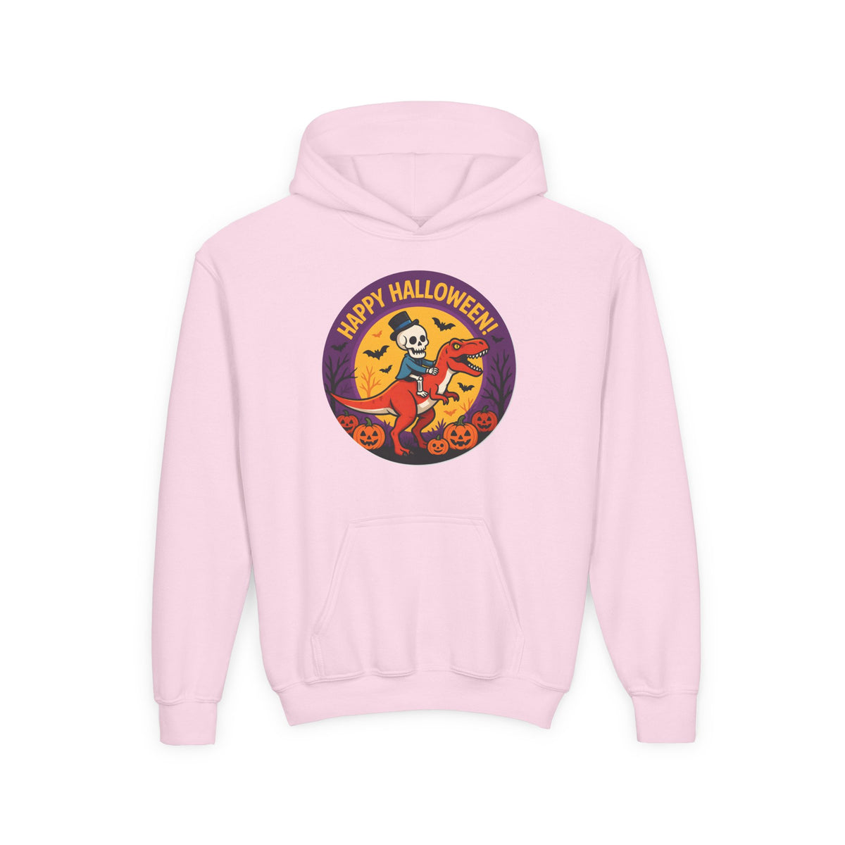 Youth Halloween Hoodie — 'Happy Halloween' Skeleton Riding Dinosaur Kids Sweatshirt