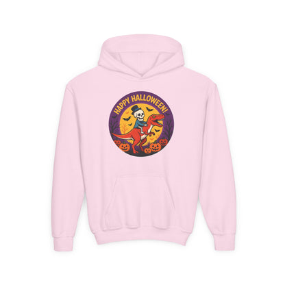 Youth Halloween Hoodie — 'Happy Halloween' Skeleton Riding Dinosaur Kids Sweatshirt