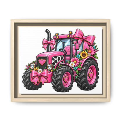 Pink Floral Tractor Matte Canvas Framed Wall Art