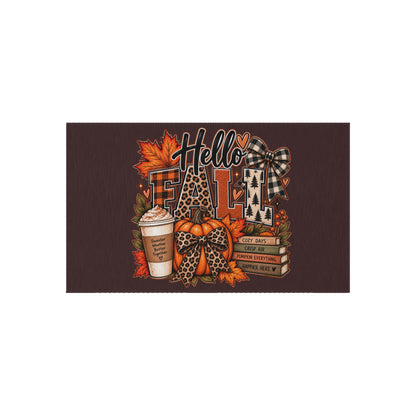 Hello Fall Outdoor Rug — Cozy Autumn Coffee & Leaves Doormat