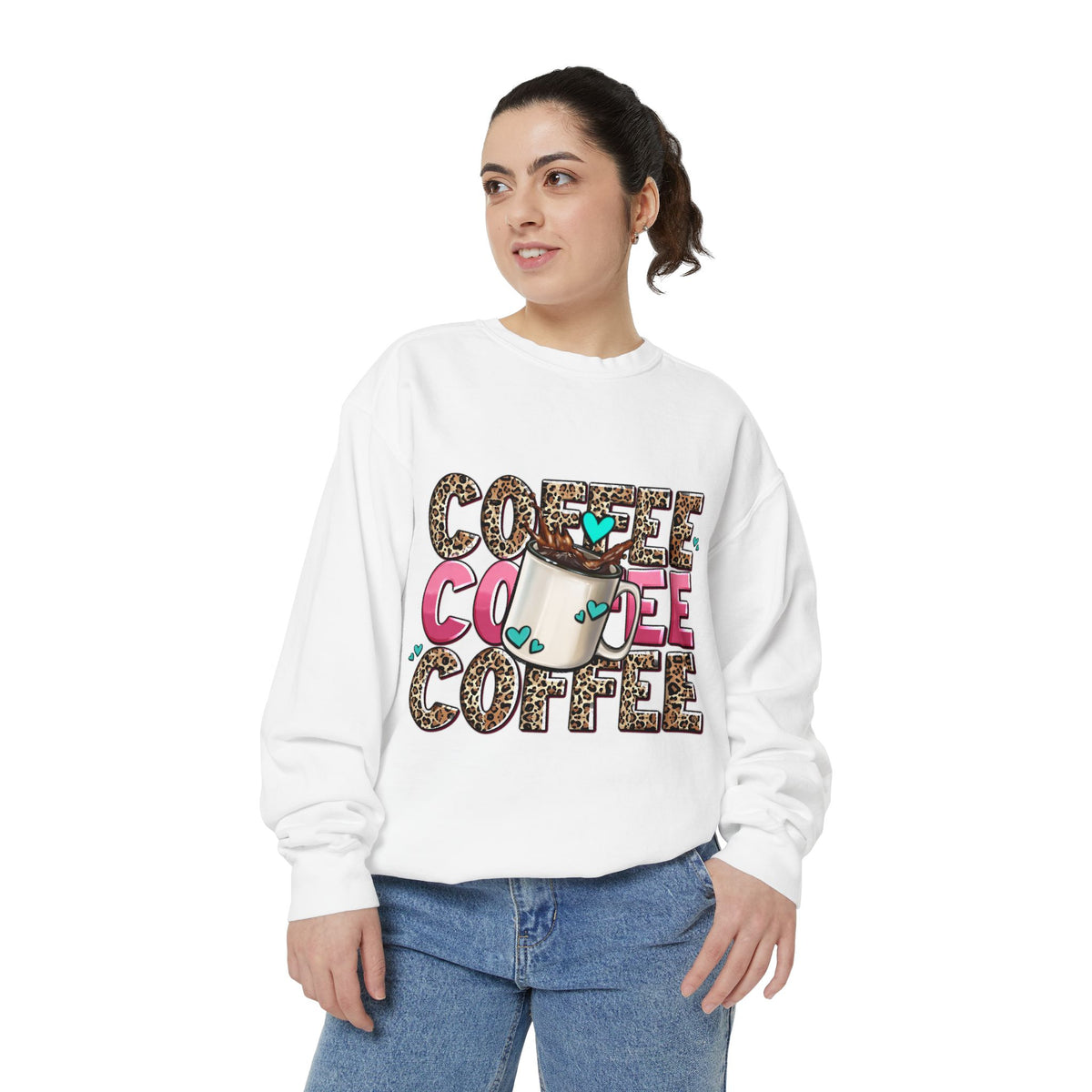 Coffee Leopard Print Sweatshirt — Cute Mug Graphic Coffee Lover Pullover