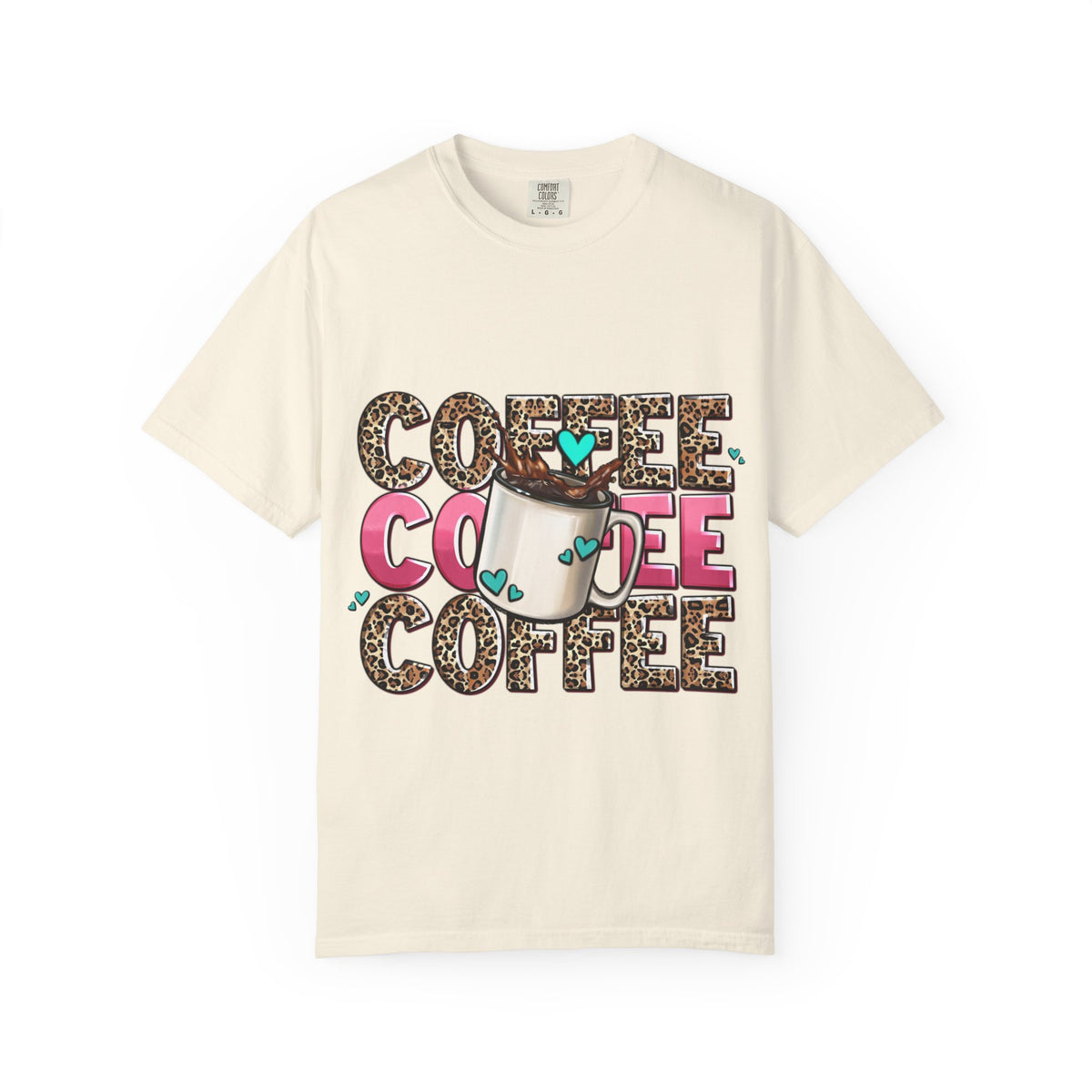 Coffee Lover T-Shirt — Leopard Print & Pink Heart Coffee Mug Design