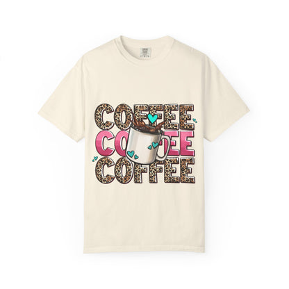 Coffee Lover T-Shirt — Leopard Print & Pink Heart Coffee Mug Design