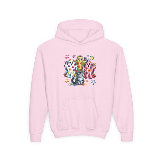 Youth Hoodie — Colorful Polka Dot Ghosts & Cat Halloween Sweatshirt