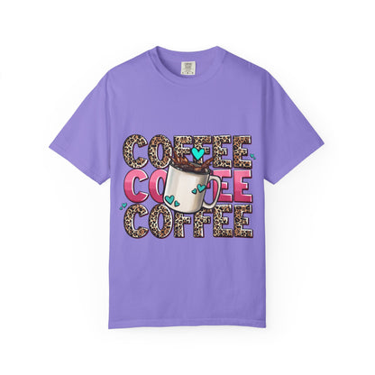 Coffee Lover T-Shirt — Leopard Print & Pink Heart Coffee Mug Design