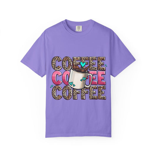 Coffee Lover T-Shirt — Leopard Print & Pink Heart Coffee Mug Design