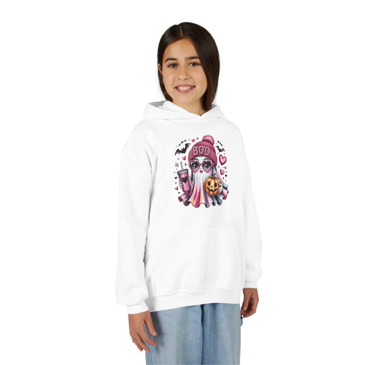 Youth Halloween Ghost Hoodie – Pink ‘Boo’ Skull with Pumpkin & Hearts