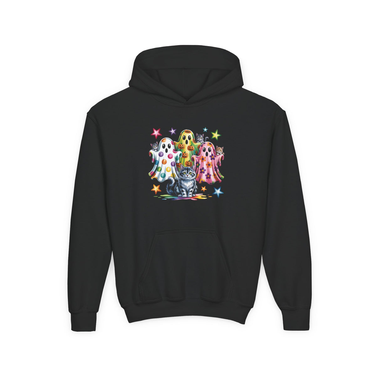 Youth Hoodie — Colorful Polka Dot Ghosts & Cat Halloween Sweatshirt