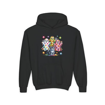 Youth Hoodie — Colorful Polka Dot Ghosts & Cat Halloween Sweatshirt