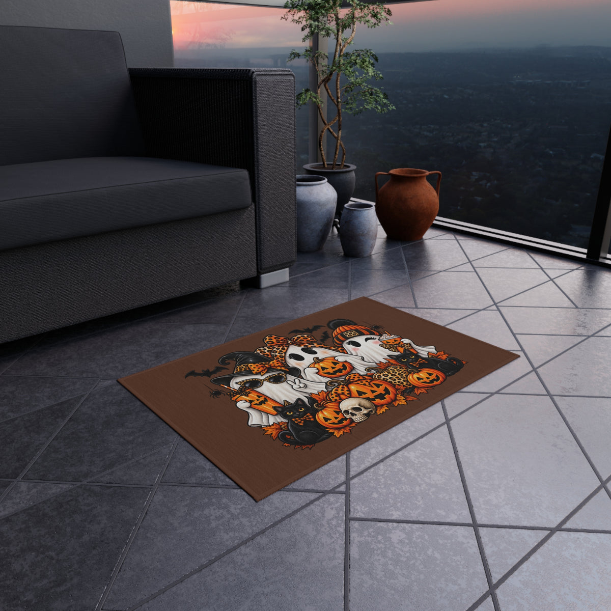 Halloween Ghosts Outdoor Rug — Cute Ghosts, Pumpkins & Black Cats Porch Mat