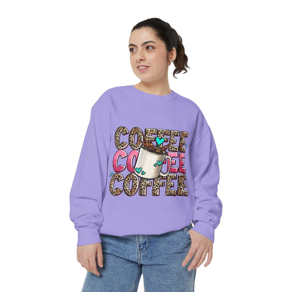 Coffee Leopard Print Sweatshirt — Cute Mug Graphic Coffee Lover Pullover