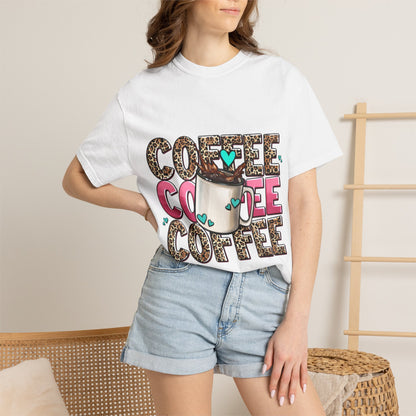 Coffee Lover T-Shirt — Leopard Print & Pink Heart Coffee Mug Design