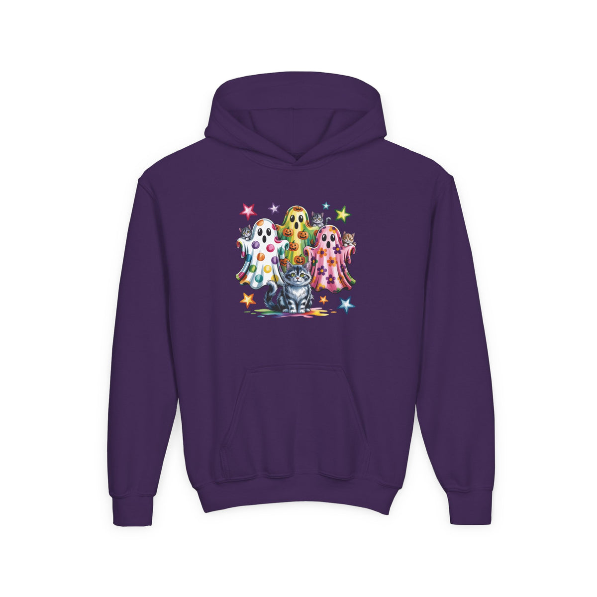 Youth Hoodie — Colorful Polka Dot Ghosts & Cat Halloween Sweatshirt