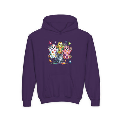 Youth Hoodie — Colorful Polka Dot Ghosts & Cat Halloween Sweatshirt