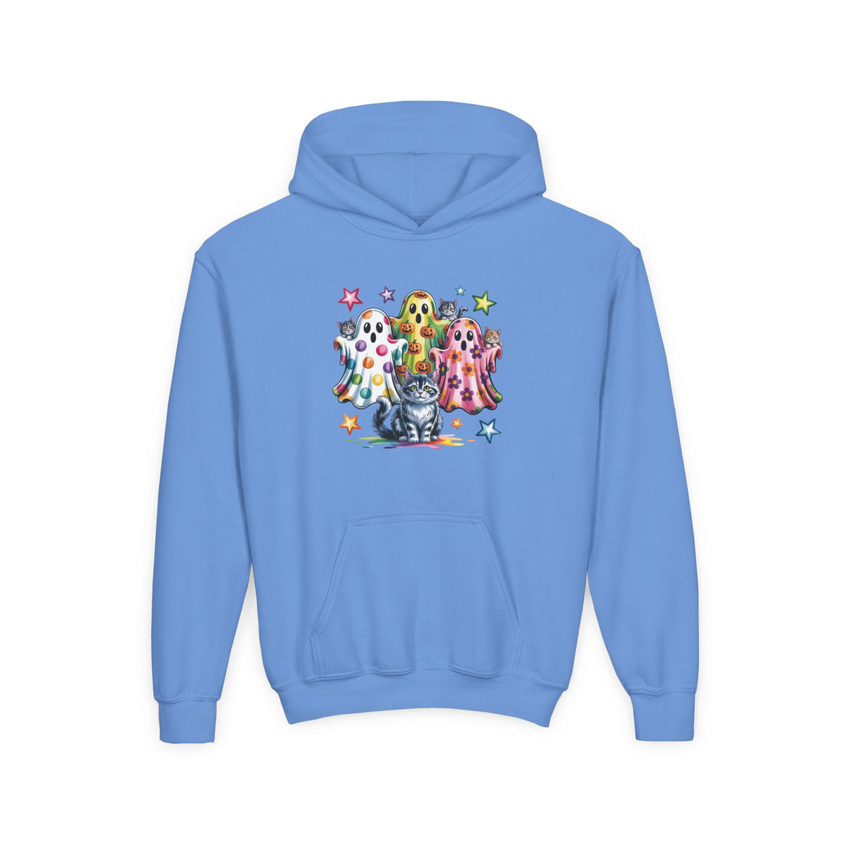 Youth Hoodie — Colorful Polka Dot Ghosts & Cat Halloween Sweatshirt