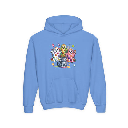 Youth Hoodie — Colorful Polka Dot Ghosts & Cat Halloween Sweatshirt