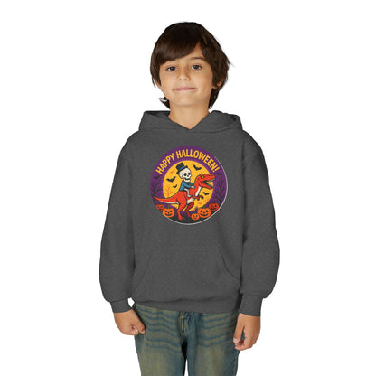 Youth Halloween Hoodie — 'Happy Halloween' Skeleton Riding Dinosaur Kids Sweatshirt