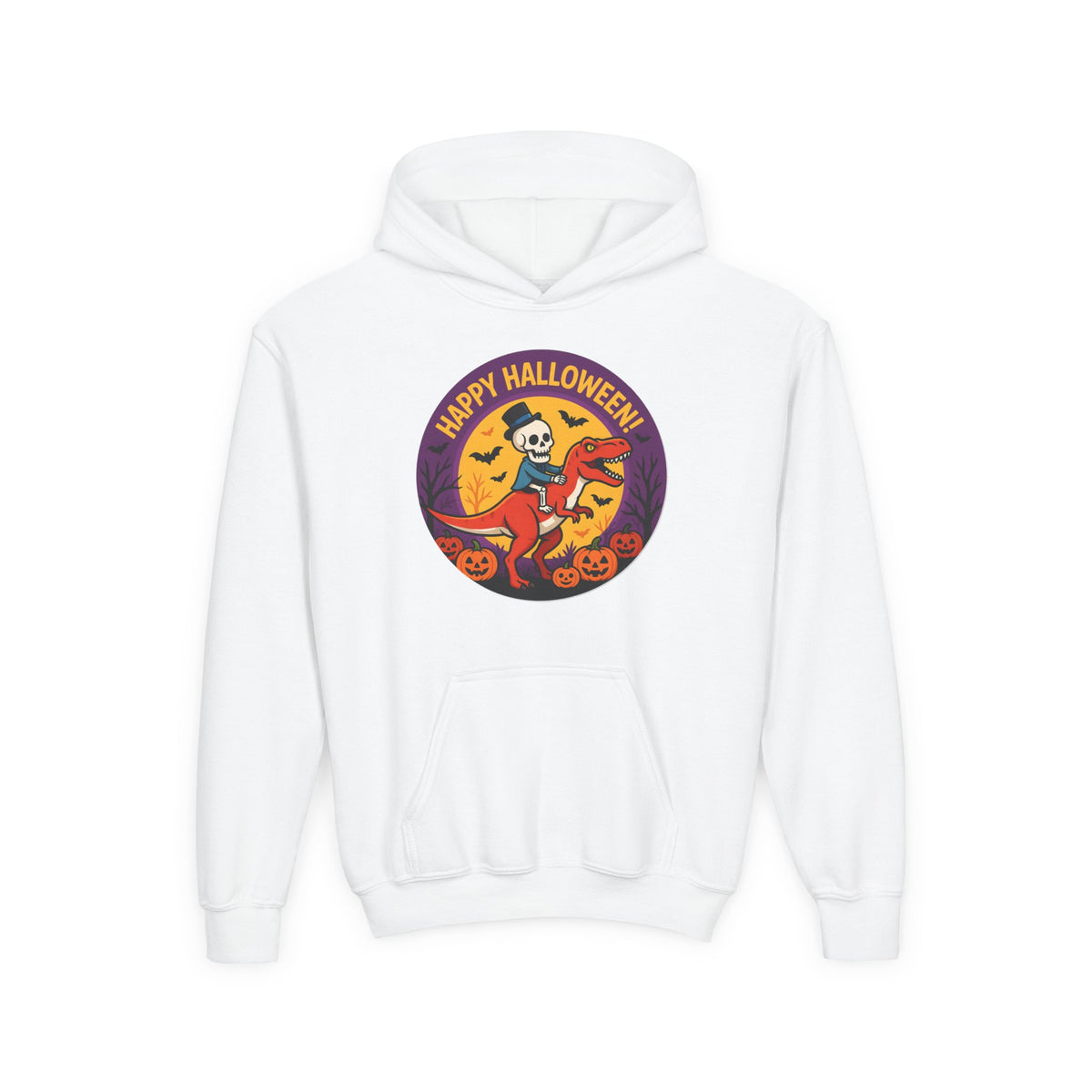 Youth Halloween Hoodie — 'Happy Halloween' Skeleton Riding Dinosaur Kids Sweatshirt