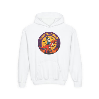 Youth Halloween Hoodie — 'Happy Halloween' Skeleton Riding Dinosaur Kids Sweatshirt
