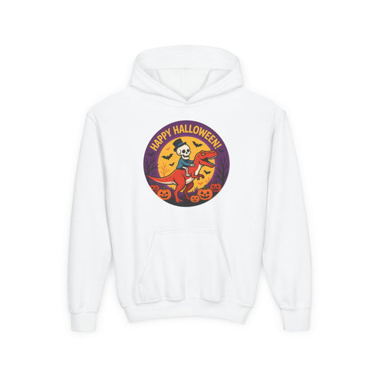 Youth Halloween Hoodie — 'Happy Halloween' Skeleton Riding Dinosaur Kids Sweatshirt