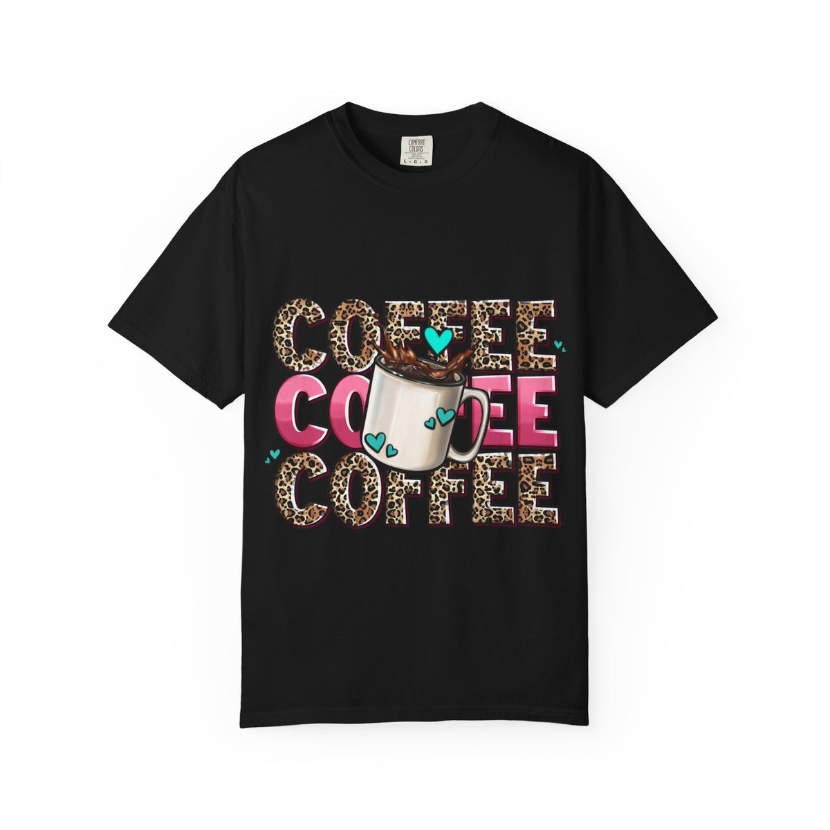 Coffee Lover T-Shirt — Leopard Print & Pink Heart Coffee Mug Design