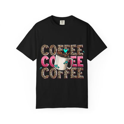 Coffee Lover T-Shirt — Leopard Print & Pink Heart Coffee Mug Design