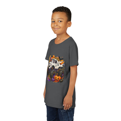 Kids Halloween Monster Truck Tee — Spooky Skull Van with Pumpkin Graphic