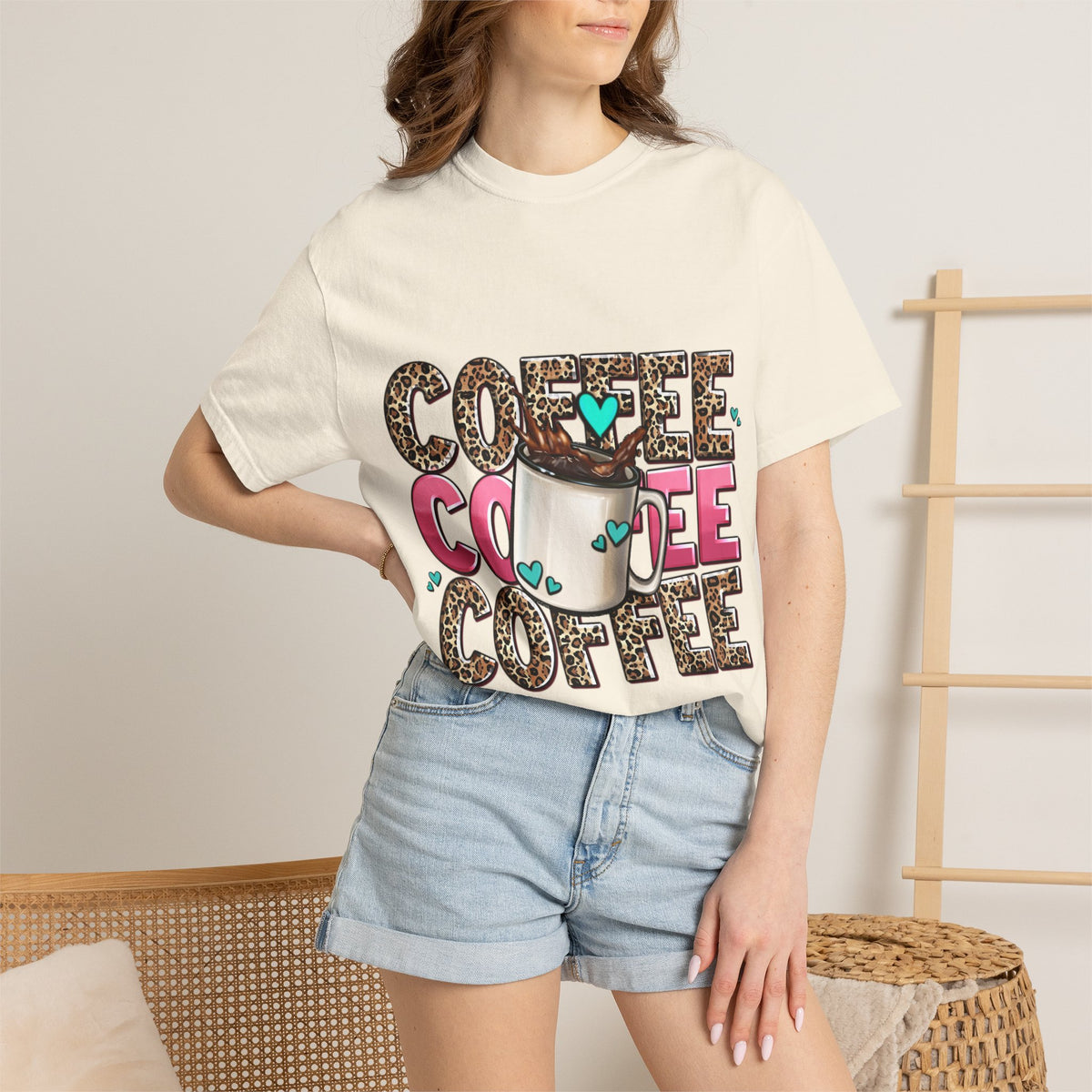 Coffee Lover T-Shirt — Leopard Print & Pink Heart Coffee Mug Design