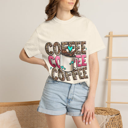 Coffee Lover T-Shirt — Leopard Print & Pink Heart Coffee Mug Design