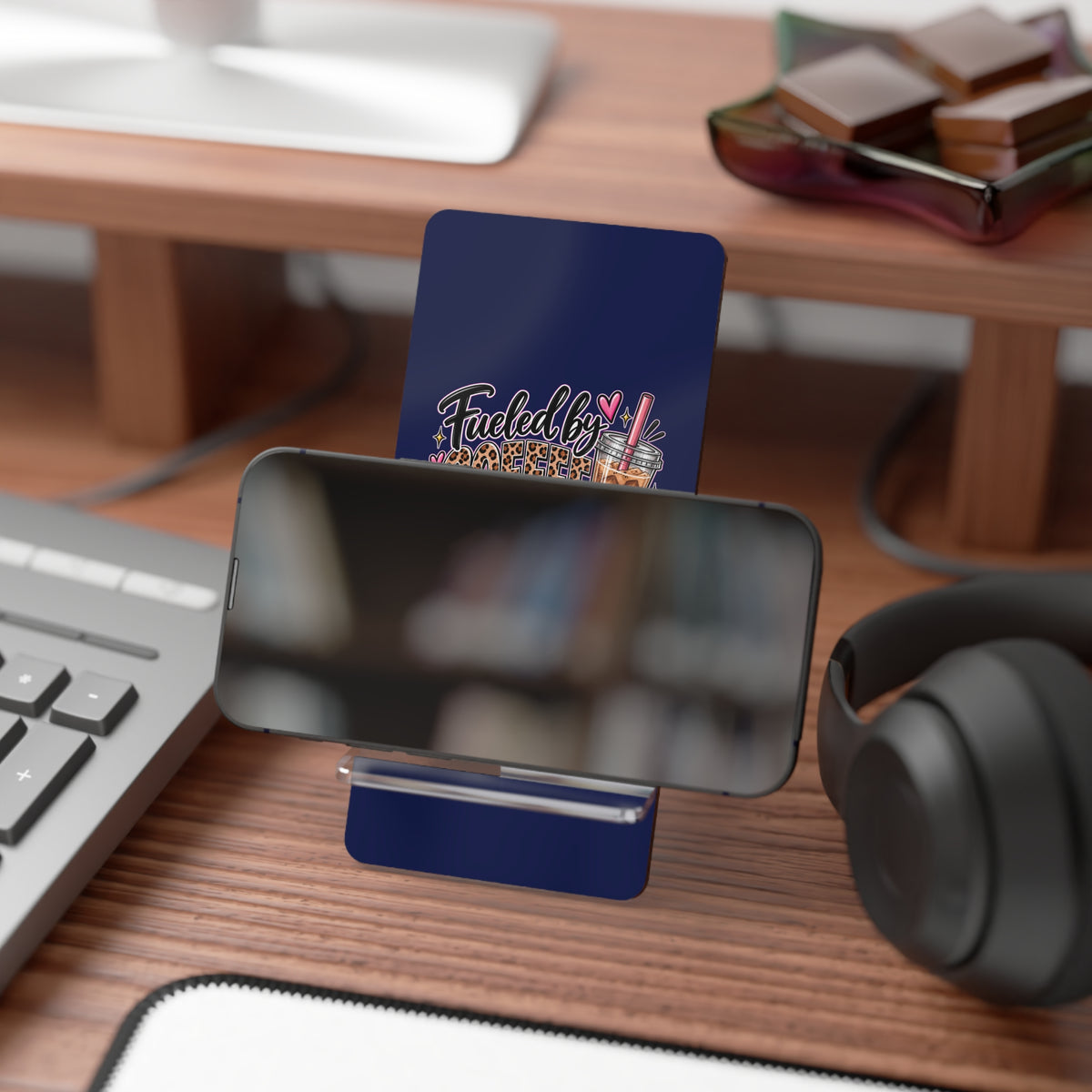 Phone Stand — “Fueled by Coffee and Big Dreams” Mobile Display Stand