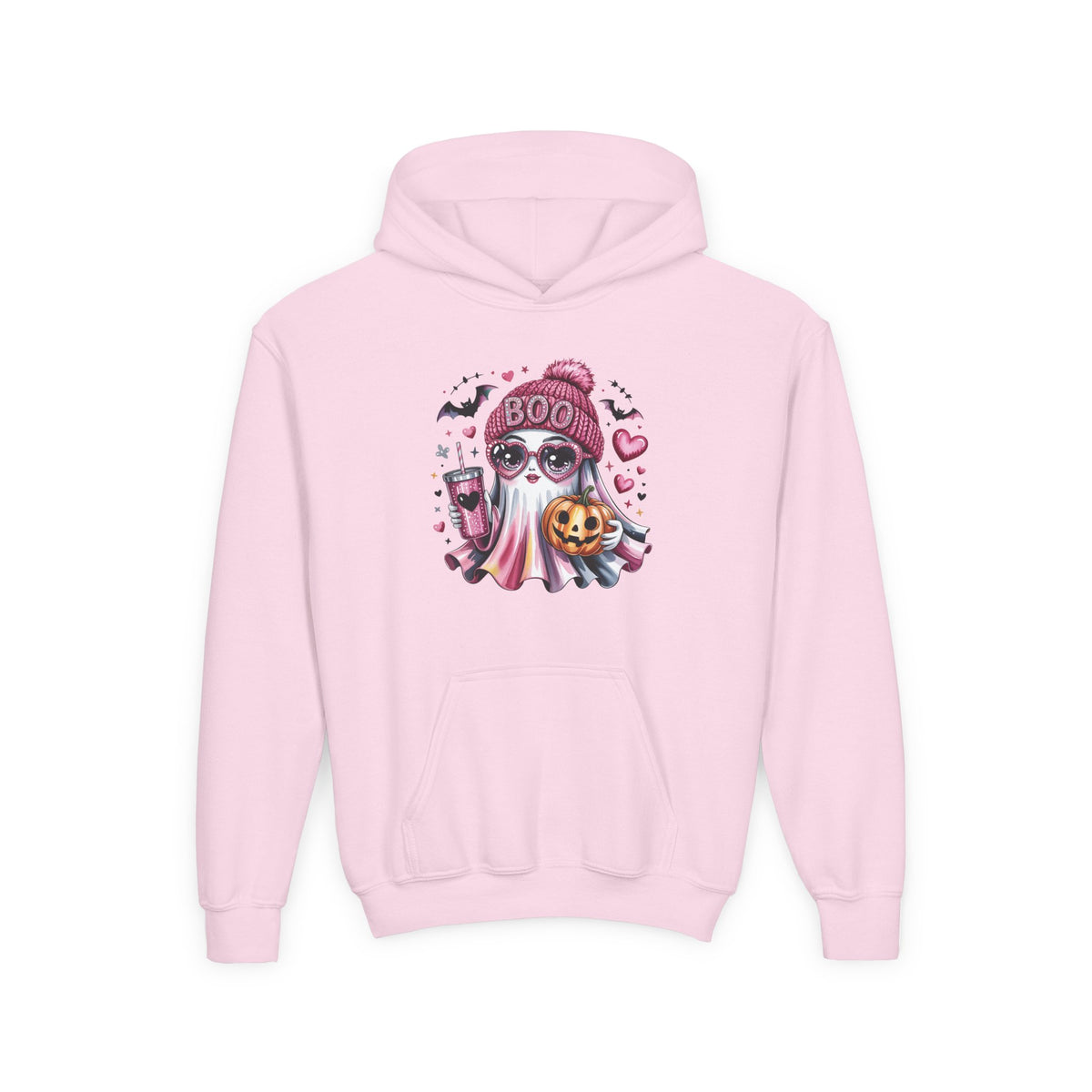 Youth Halloween Ghost Hoodie – Pink ‘Boo’ Skull with Pumpkin & Hearts